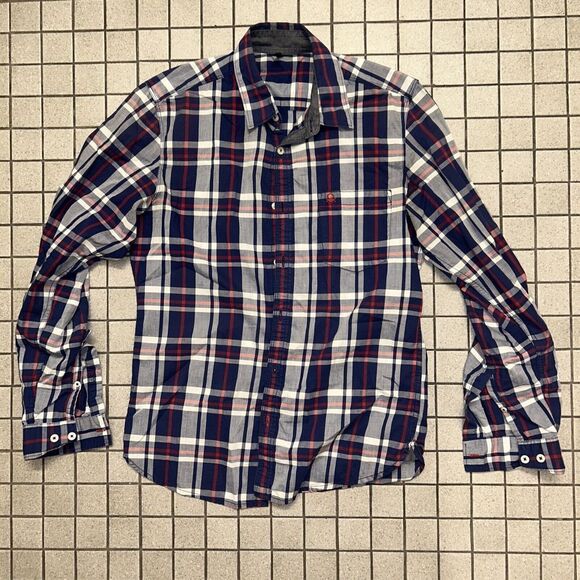 Stile Benetton Shirt Mens Size Small Blue Red White Plaid Button Up Long Sleeve - Picture 1 of 2